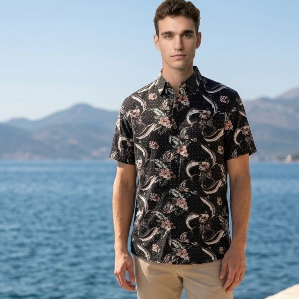 Margaritaville Mens Black Tropical Marlin Hibiscus Rayon Shirt MVMC151377 M NEW